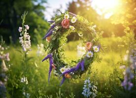 rustikal Wildblumen Kranz auf ein sonnig Wiese. Sommer- Sonnenwende Tag, Hochsommer- Konzept. generativ ai foto