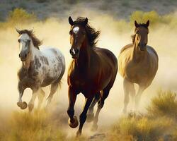 ein Gruppe von Pferde Laufen auf das Land. generativ ai foto