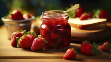 Erdbeere Marmelade und frisch Beeren. generativ ai foto