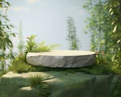 Stein Produkt Anzeige Podium zum kosmetisch Produkt mit Grün Natur Garten Hintergrund. generativ ai foto