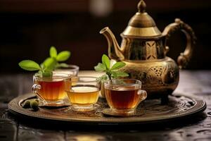 traditionell marokkanisch Tee einstellen mit dekorativ Teekannen, Gläser, und Minze Blätter. generativ ai foto