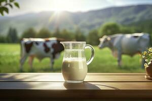 Glas Krug mit frisch Milch auf ein hölzern Tisch. ai generiert foto