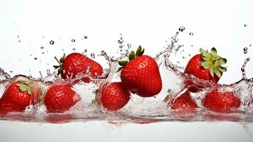 frisch bespritzt Erdbeere auf Weiß Hintergrund mit Wasser droplets.ai generativ foto