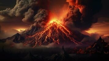 Vulkan Eruption beim Nacht. natürlich Katastrophe, Vulkan Explosion. Lava bricht aus ai generativ foto