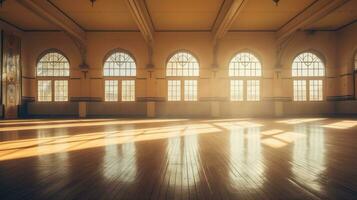 leeren klassisch tanzen Halle mit Spiegel, Sonnenlicht von Fenster. Ballett Klasse ai generativ foto