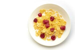 Cornflakes im Milch mit Himbeeren auf ein Weiß Platte. foto