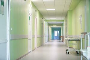 Krankenhaus Gang mit Grün Wände und ein medizinisch Bahre. foto