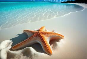 Seestern und Sand auf tropisch Strand und Ozean, generativ ai foto