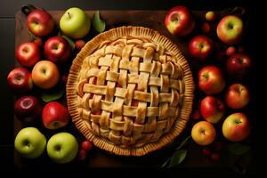 Apfel Kuchen auf ein dunkel hölzern Tabelle mit Äpfel, oben Sicht. hausgemacht Kuchen mit Äpfel. ai generativ foto