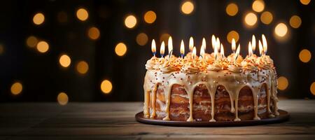 generativ ai, Geburtstag schön Kuchen mit Obst und Kerzen, Banner zum Herzliche Glückwünsche foto