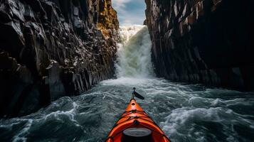 generativ ai, Kajak Floß Fluss Wasserfall, extrem Sport Konzept, Wildwasser Kajak fahren foto