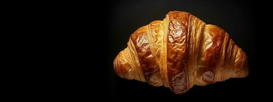 generativ ai, frisch Croissant auf dunkel Hintergrund mit Kopieren Raum, Französisch Bäckerei foto