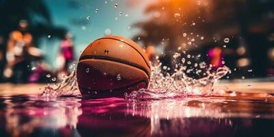 generativ ai, Basketball Ball auf das Gericht mit Wasser Spritzen und Sonnenlicht, Nahansicht Foto