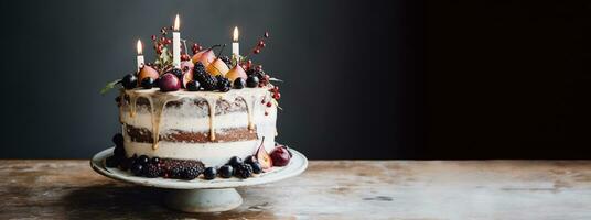 generativ ai, Geburtstag schön Kuchen mit Blumen und Kerzen, ästhetisch stumm geschaltet Farben foto