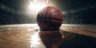 generativ ai, Basketball Ball auf das Gericht mit Wasser Spritzen und Sonnenlicht, Nahansicht Foto