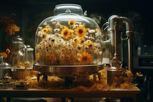 generativ ai, wesentlich Öl Extraktion mit Brennerei Maschine mit Kamille Blumen foto