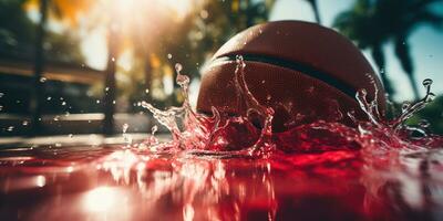 generativ ai, Basketball Ball auf das Gericht mit Wasser Spritzen und Sonnenlicht, Nahansicht Foto