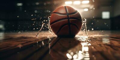 generativ ai, Basketball Ball auf das Gericht mit Wasser Spritzen und Sonnenlicht, Nahansicht Foto