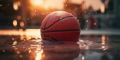 generativ ai, Basketball Ball auf das Gericht mit Wasser Spritzen und Sonnenlicht, Nahansicht Foto