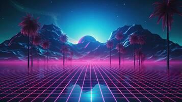 generativ ai, 80er Jahre retro futuristisch Science-Fiction, nostalgisch 90er. Nacht und Sonnenuntergang Neon- Farben, Cyberpunk Jahrgang Illustration. Sonne, Berge und Palmen. Retrowave vj Videospiel Landschaft.. foto