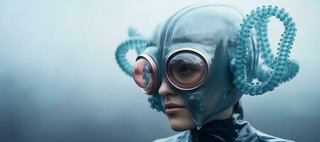 generativ ai, Frau im Plastik Blau Tintenfisch mögen Maske, hoch Technik Futurismus, minimalistisch Schönheit foto