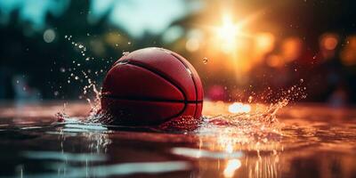 generativ ai, Basketball Ball auf das Gericht mit Wasser Spritzen und Sonnenlicht, Nahansicht Foto