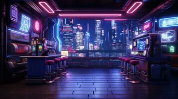 generativ ai, Cyberpunk Stil Spiel Bar oder Cafe. Nacht Szene von groß Stadt, futuristisch nostalgisch 80er, 90er. Neon- Beleuchtung beschwingt Farben, fotorealistisch horizontal foto