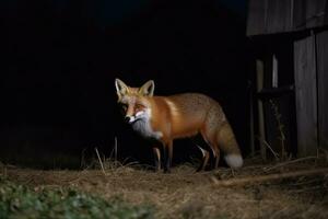 Fuchs vorbereiten zu jagen beim Nacht auf ein Bauernhof, generativ ai foto