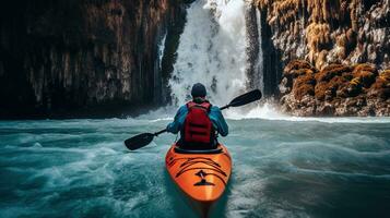 generativ ai, Kajak Floß Fluss Wasserfall, extrem Sport Konzept, Wildwasser Kajak fahren foto