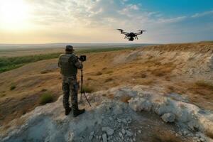 Militär- Drohne Operator Soldat mit fliegend uav über ein Feld, Ukraine Russland Krieg, generativ ai foto