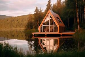 stilvoll Glamping Zelt eingebettet durch ein See im ein Wald, generativ ai foto
