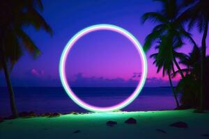 Neon- Licht Kreis auf tropisch Strand beim Nacht, Sommer- Party. generativ ai foto