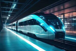 schnelle Geschwindigkeit autonom selbstfahrend Zug beim Eisenbahn Bahnhof beim Nacht. generativ ai foto