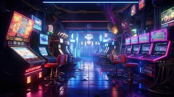 generativ ai, Cyberpunk Stil Spiel Bar oder Cafe. Nacht Szene von groß Stadt, futuristisch nostalgisch 80er, 90er. Neon- Beleuchtung beschwingt Farben, fotorealistisch horizontal foto