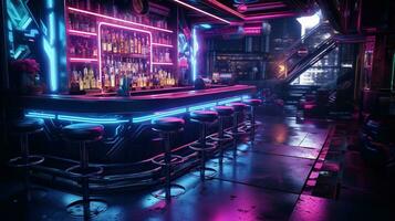 generativ ai, Cyberpunk Stil Bar oder Cafe. Nacht Szene von groß Stadt, futuristisch nostalgisch 80er, 90er. Neon- Beleuchtung beschwingt Farben, fotorealistisch horizontal Illustration. foto