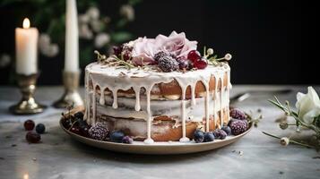 generativ ai, Geburtstag schön Kuchen mit Blumen und Kerzen, ästhetisch stumm geschaltet Farben foto