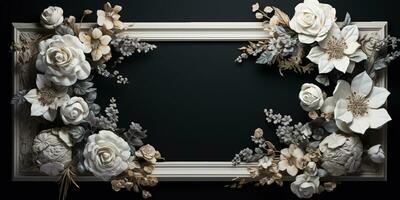 generativ ai, Jahrgang Rahmen mit Weiß Blumen, futuristisch viktorianisch, schwarz Hintergrund foto