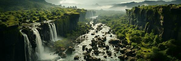 generativ ai, schön Grün Amazonas Wald Landschaft, Regenwald Urwald mit Wasserfälle foto