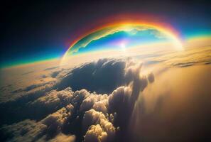 Regenbogen über Wolken im Blau Himmel. breit Winkel. generativ ai foto