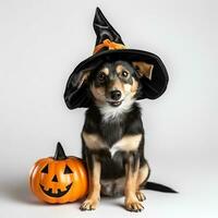 süß Hund tragen Halloween Hut mit Kürbis, isoliert auf Weiß Hintergrund, ai generiert foto