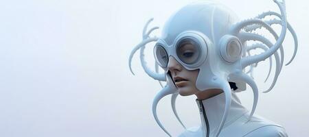 generativ ai, Frau im Plastik Blau Tintenfisch mögen Maske, hoch Technik Futurismus, minimalistisch Schönheit foto