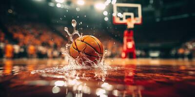 generativ ai, Basketball Ball auf das Gericht mit Wasser Spritzen und Sonnenlicht, Nahansicht Foto