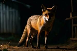 Fuchs beim Nacht im Landschaft Dorf Bereich. generativ ai foto