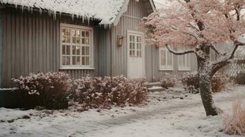 generativ ai, Haus Vorderseite im das Winter mit Weihnachten Dekoration, Kranz und Girlande. Schnee gemütlich Jahreszeit foto