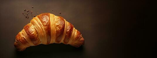generativ ai, frisch Croissant auf dunkel Hintergrund mit Kopieren Raum, Französisch Bäckerei foto