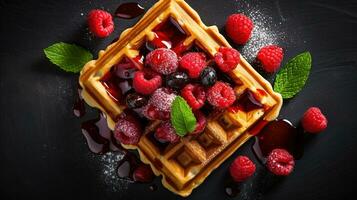 generativ ai, sortiert Belgier Waffeln mit Obst und Sirup, Süss gebacken Dessert foto