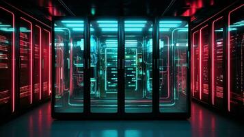 generativ ai, Daten Center, modern hoch Technologie Server Zimmer im Neon- Farben. modern Telekommunikation, Wolke rechnen, künstlich Intelligenz, Datenbank. foto