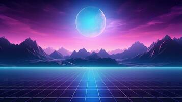 generativ ai, 80er Jahre retro futuristisch Science-Fiction, nostalgisch 90er. Nacht und Sonnenuntergang Neon- Farben, Cyberpunk Jahrgang Illustration. Sonne, Berge und Palmen. Retrowave vj Videospiel Landschaft.. foto