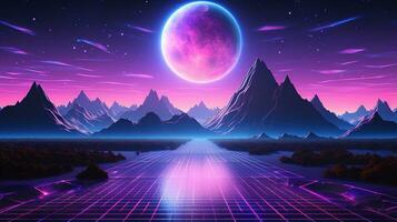 generativ ai, 80er Jahre retro futuristisch Science-Fiction, nostalgisch 90er. Nacht und Sonnenuntergang Neon- Farben, Cyberpunk Jahrgang Illustration. Sonne, Berge und Palmen. Retrowave vj Videospiel Landschaft.. foto