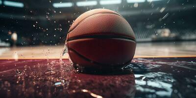 generativ ai, Basketball Ball auf das Gericht mit Wasser Spritzen und Sonnenlicht, Nahansicht Foto